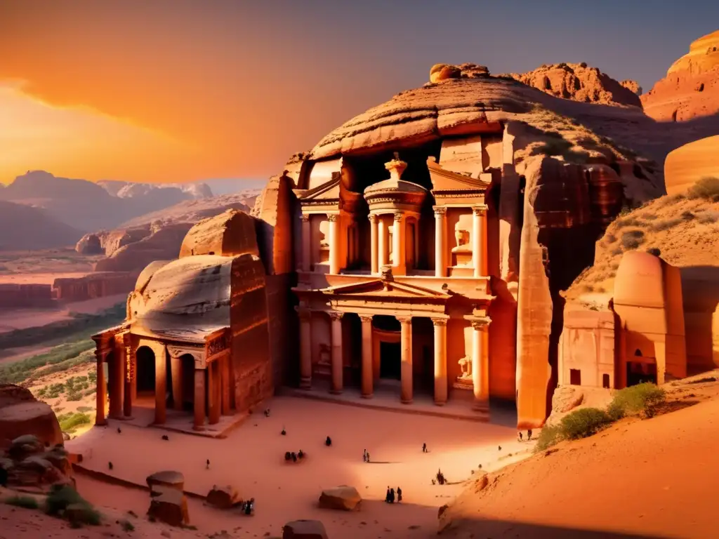 Maravillosa imagen de Petra al atardecer con el icónico edificio del Tesoro en el centro