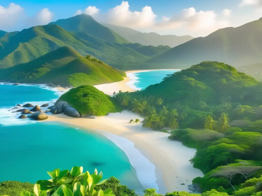 Descubriendo el encanto del Parque Nacional Tayrona en Colombia al amanecer: montañas cubiertas de niebla, aguas turquesas y una playa dorada