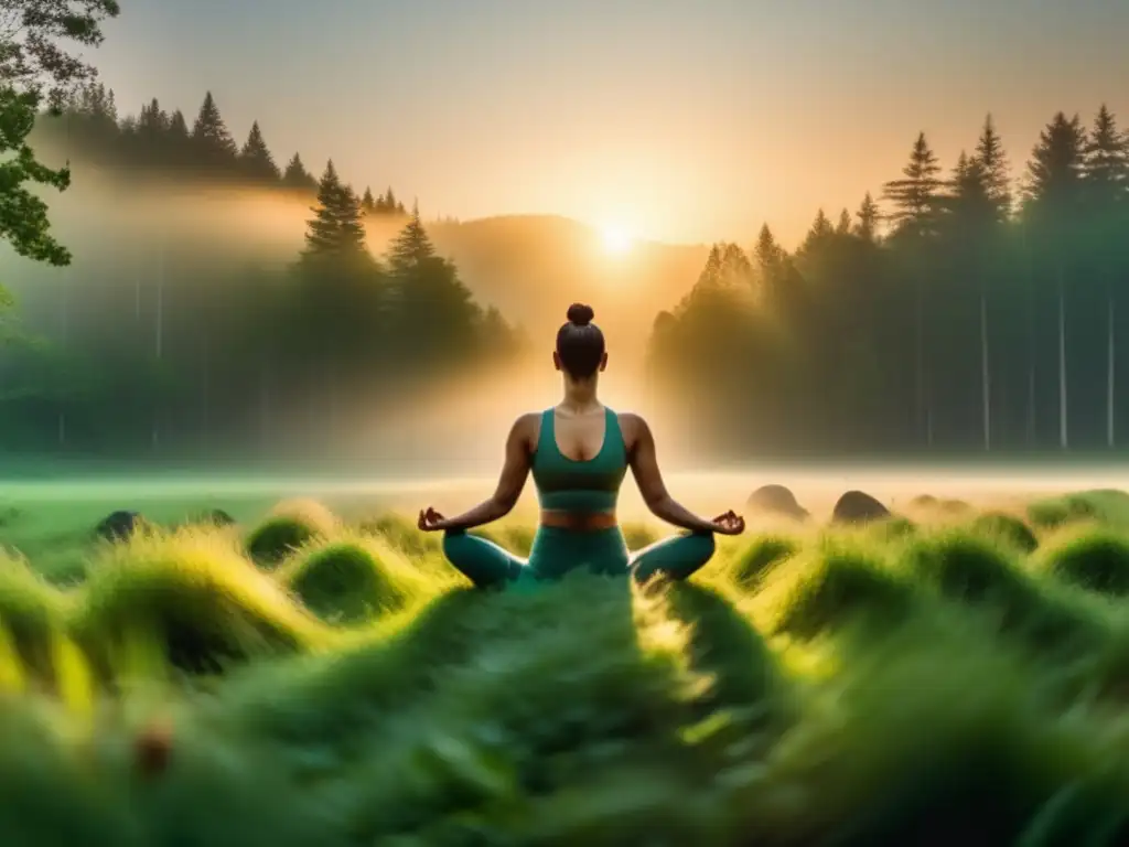 Beneficios del saludo al sol en la naturaleza: persona haciendo yoga en un claro de bosque al amanecer