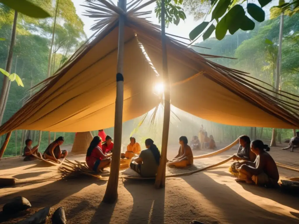 Técnicas ancestrales en acampada de culturas indígenas construyendo refugios en el bosque