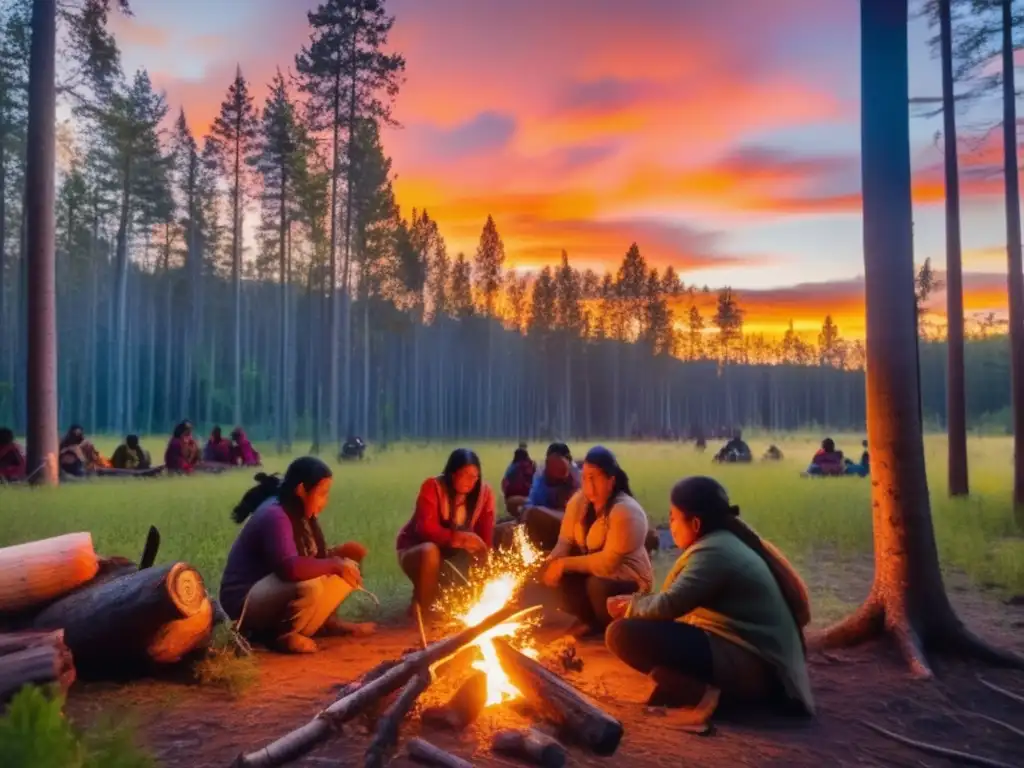 Técnicas supervivencia indígenas hacer fuego en bosque misterioso al atardecer