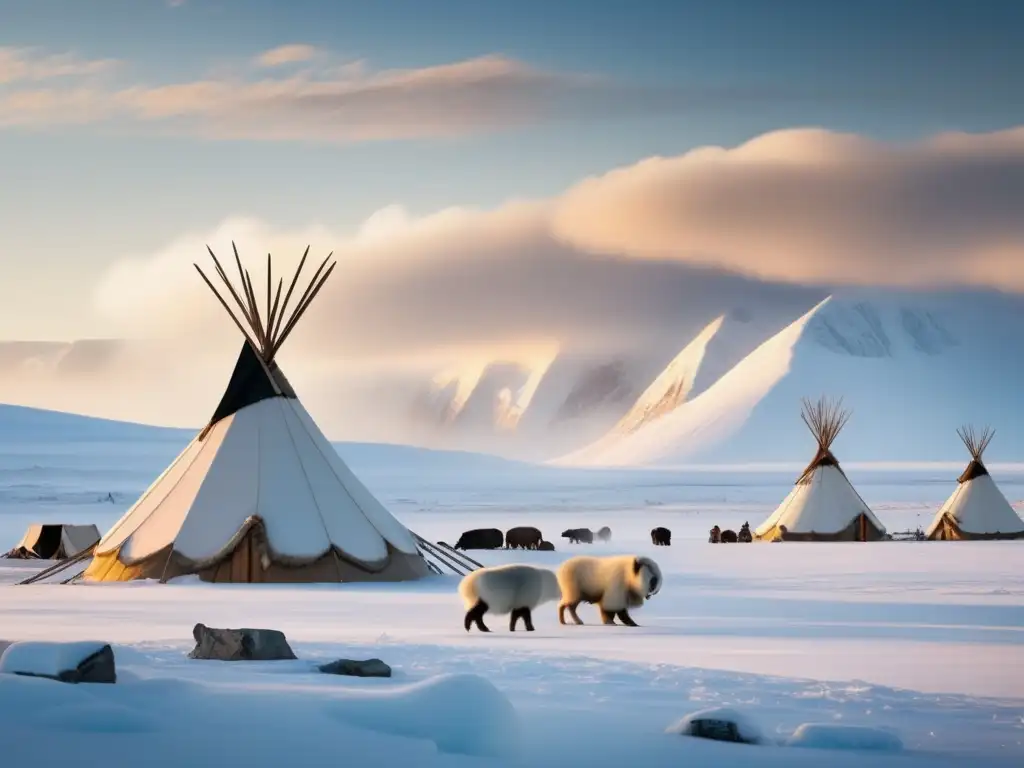 Descubriendo la vida en la tundra inuit- Esencia de la vida en la tundra: paisaje con encampamento inuit, montañas, cielo, cazadores, naturaleza