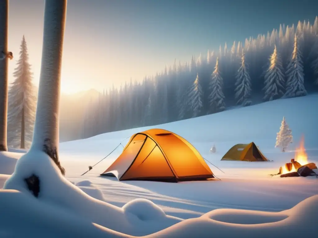 Consejos para mantenerse caliente en camping invernal, imagen de campamento invernal en bosque nevado