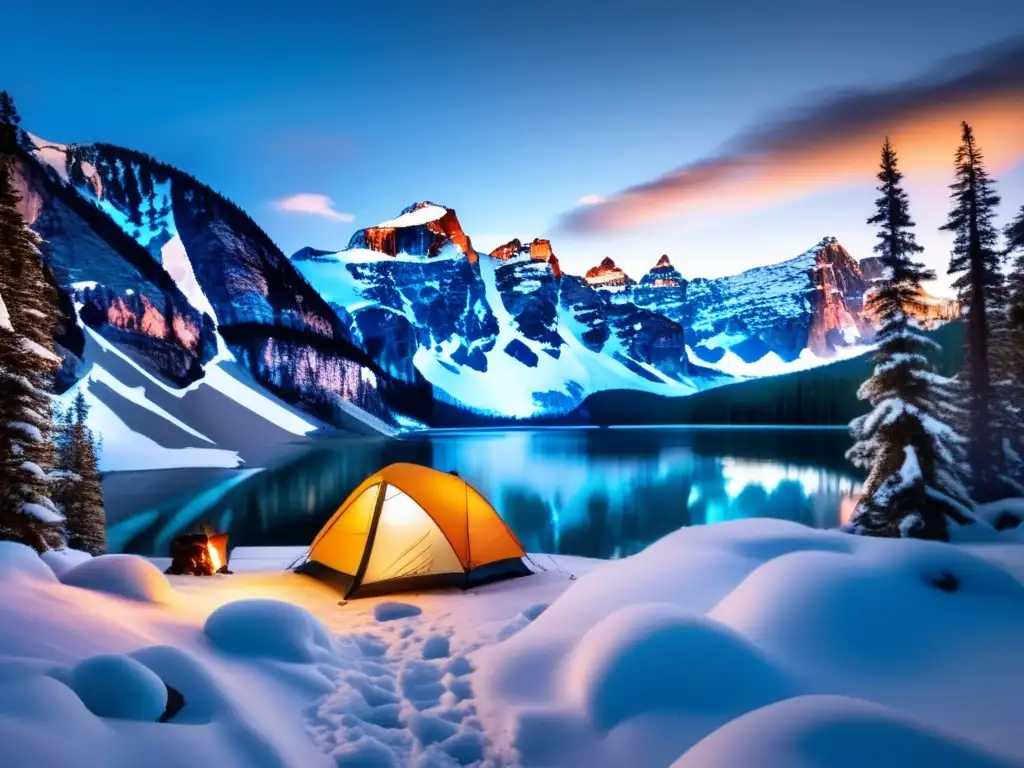 Imagen de campamento de invierno con montañas nevadas, lago congelado, campamento acogedor entre árboles y cielo vibrante