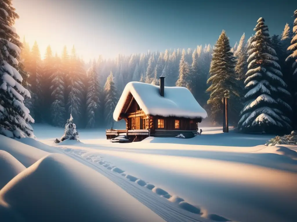 Paisaje invernal nevado con cabaña de madera y cascadas de hielo