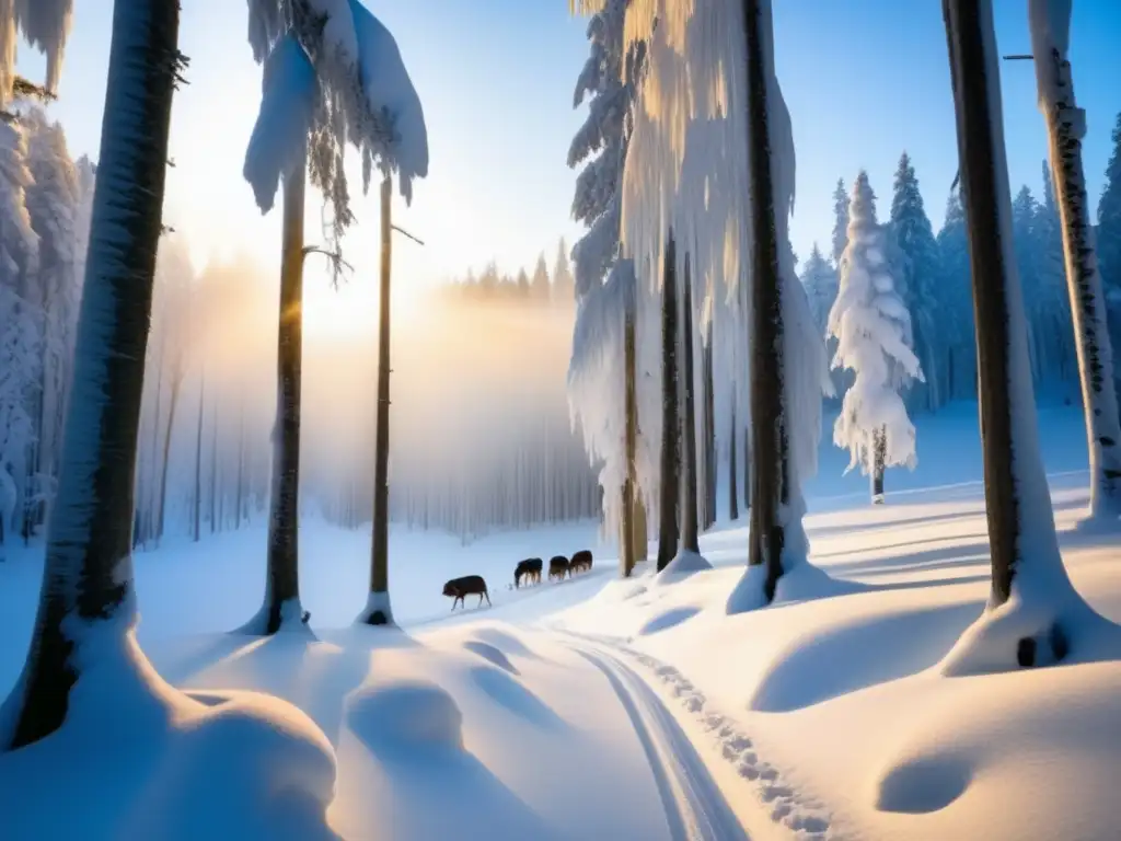 Rituales invierno naturaleza quietud en imagen de bosque nevado con árboles, icicles y majestuoso venado