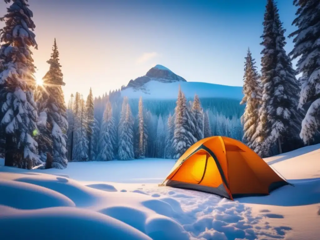 Una escena invernal con un campamento acogedor y consejos para camping invernal