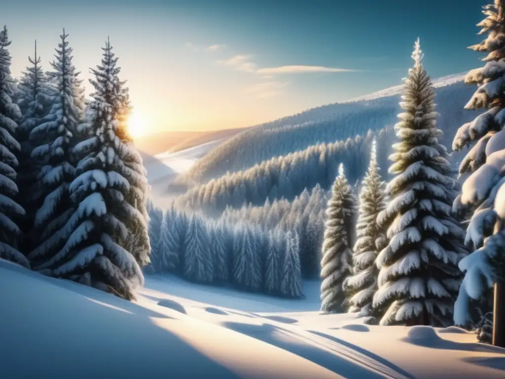 Un mágico paisaje invernal en un bosque denso, con árboles majestuosos y cubierto de nieve