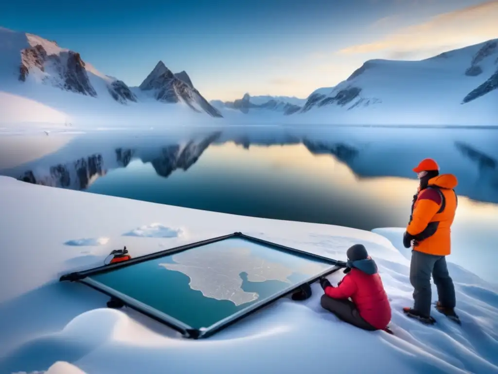 Técnicas orientación invernales: exploradores estudian mapa topográfico en paisaje nevado, montañas cubiertas de nieve, luz dorada del atardecer