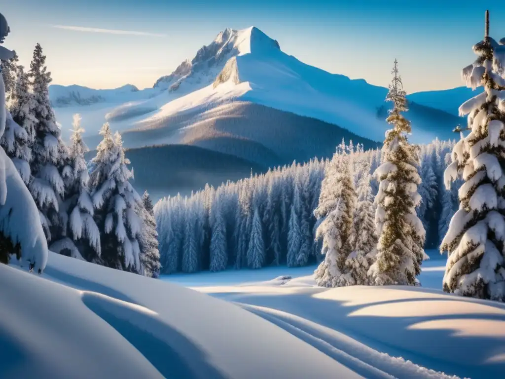 Un paisaje invernal sereno con bosque nevado y montañas nevadas