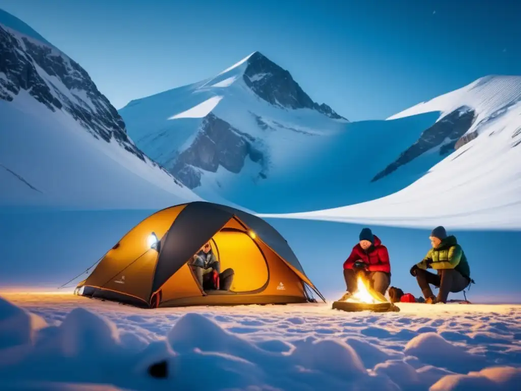 Equipos de acampada de invierno avanzados en paisaje montañoso nevado