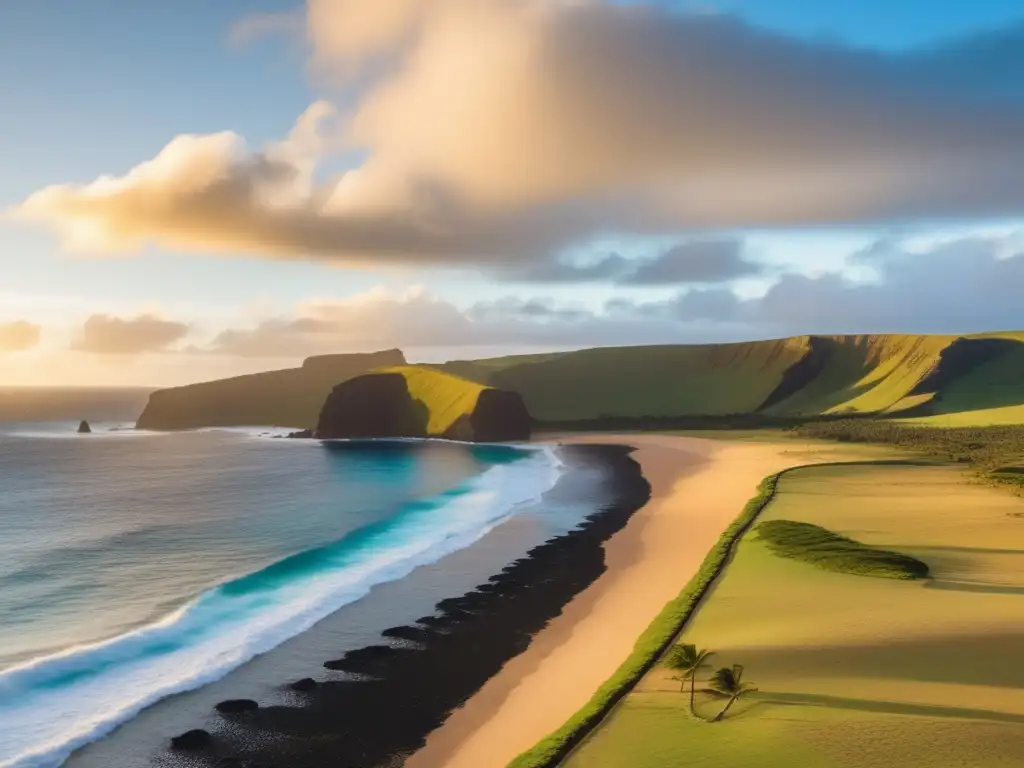 Impresionante vista panorámica de la costa accidentada de Isla de Pascua durante la hora dorada