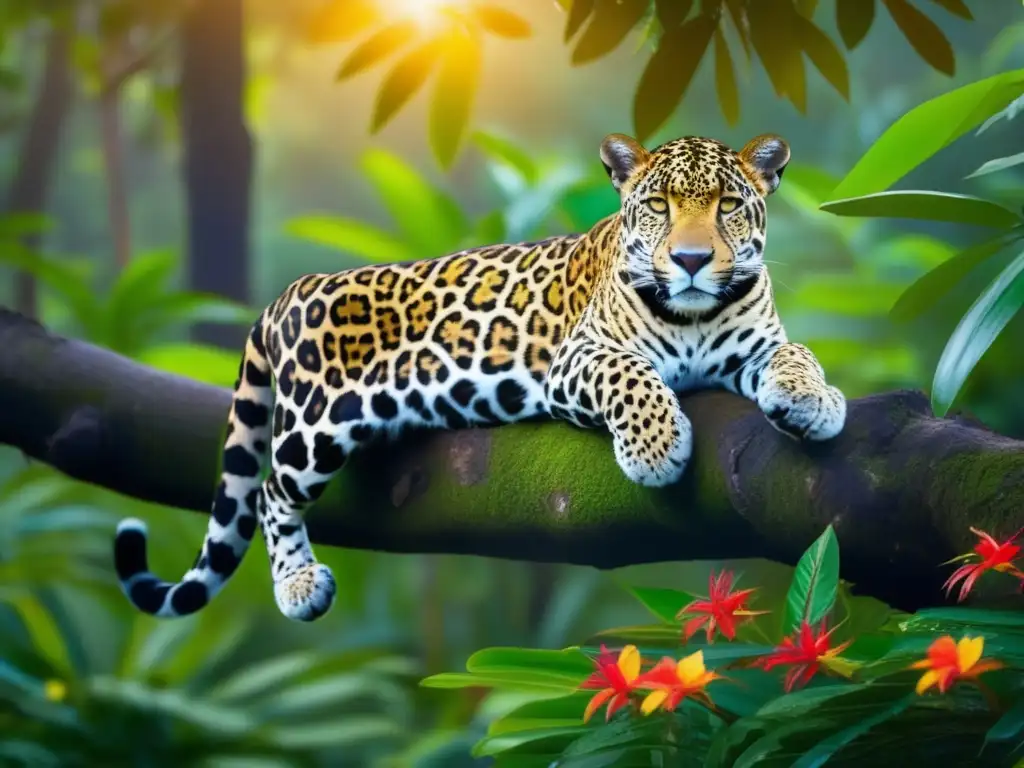 Turismo y fauna: impacto y hábitat en un exuberante bosque tropical al atardecer, con una jaguar misteriosa y vibrante vida vegetal