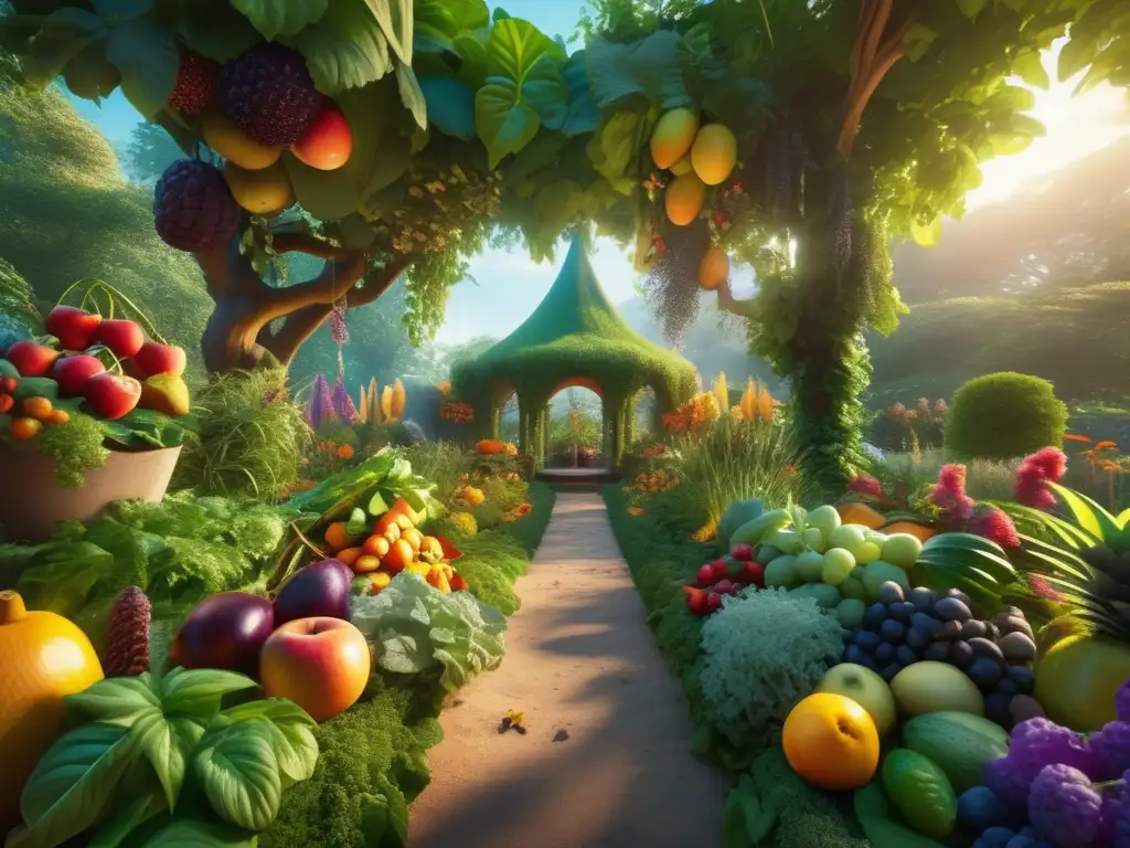 Un jardín exuberante con plantas comestibles coloridas y detalladas en 8k