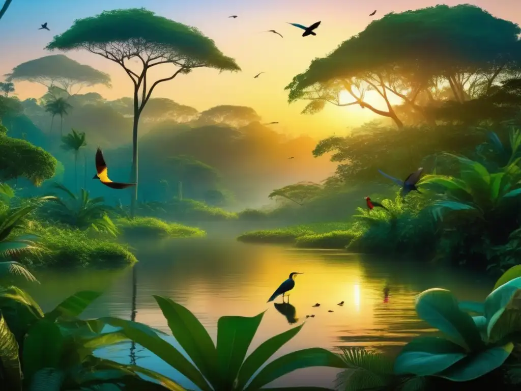 Jungla exuberante al atardecer, aves coloridas y música ancestral en conexión con la vida salvaje