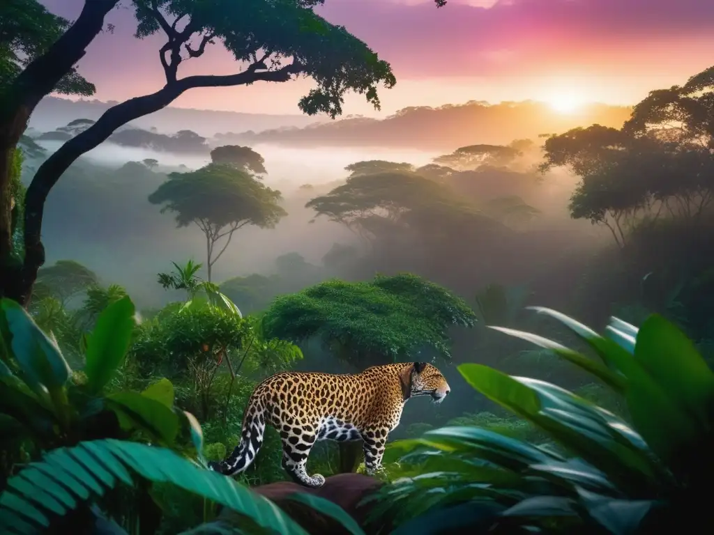 Fotografiando fauna salvaje: Consejos sigilosos en una densa jungla al atardecer, con neblina entre los altos árboles