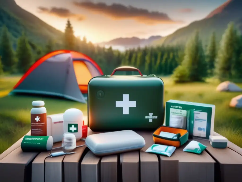 Innovaciones primeros auxilios camping: Equipo moderno y completo para camping con suministros médicos esenciales y un entorno natural misterioso