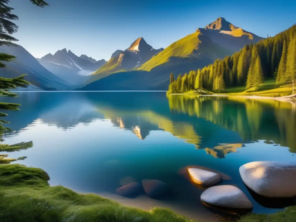 Campismo sostenible: Lago montañoso con bosques verdes y prácticas ecoamigables