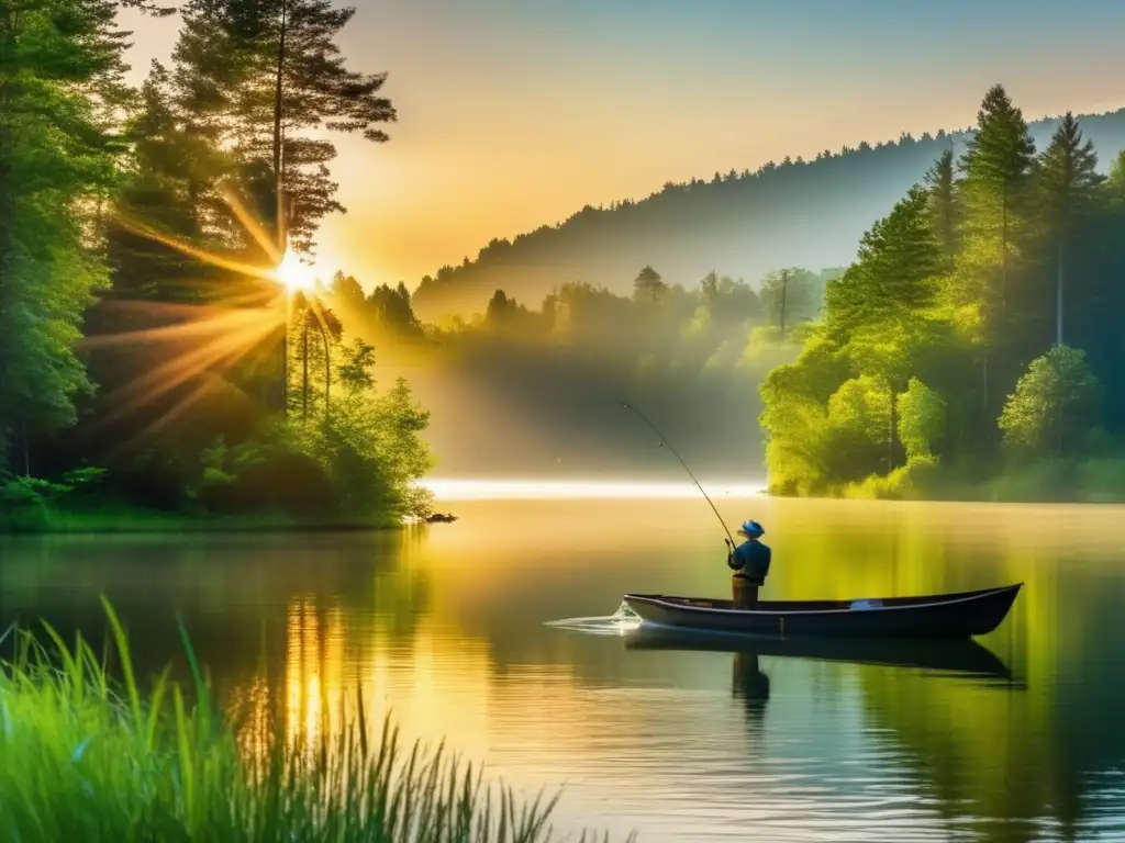 Pesca en la naturaleza: hermoso lago rodeado de vegetación exuberante, pescador solitario en aguas tranquilas, atardecer dorado