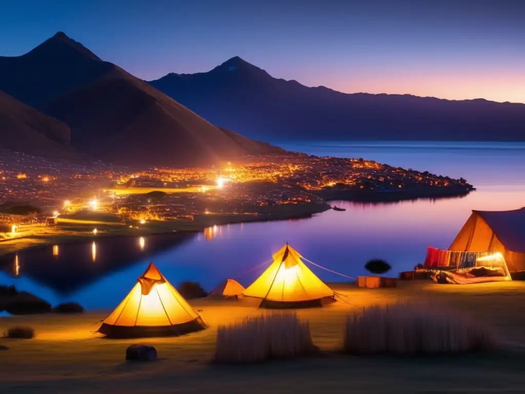 Experiencia acampada Lago Titicaca al atardecer, con paisaje espectacular y campamento junto al fuego