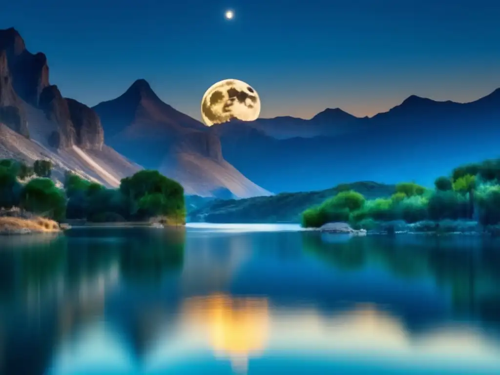 Fotografía luna: Consejos impresionantes, paisaje sereno con luna llena, montañas y lago reflejando su brillo místico