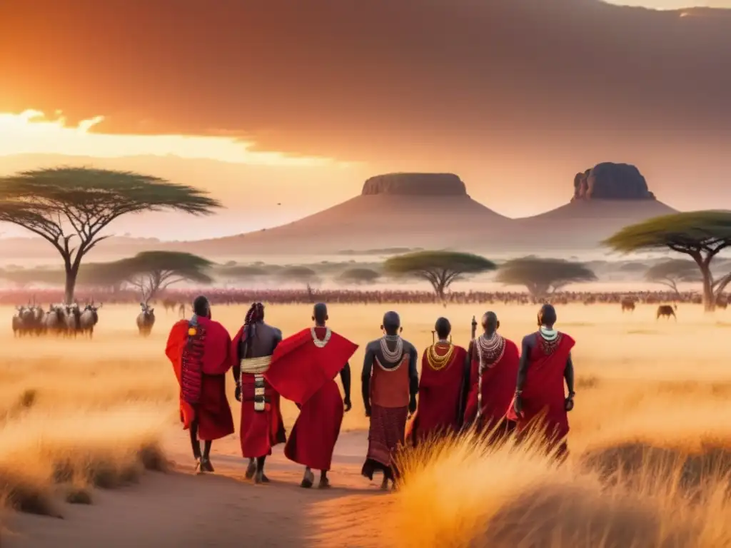 Senderismo Maasai en la sabana africana - Imagen serena y poderosa de vasta sabana africana, con Maasai orgullosos y paisaje impresionante