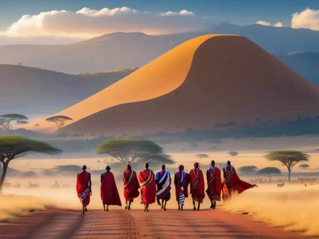 Senderismo Maasai en la sabana africana: majestuosa panorámica con guerreros, montañas y cielo azul