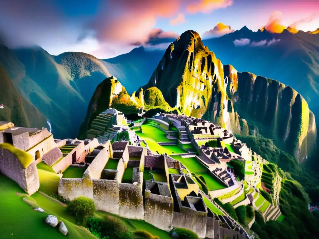 Senderismo en Machu Picchu: Vista impresionante al amanecer de la majestuosa ciudadela en las montañas verdes