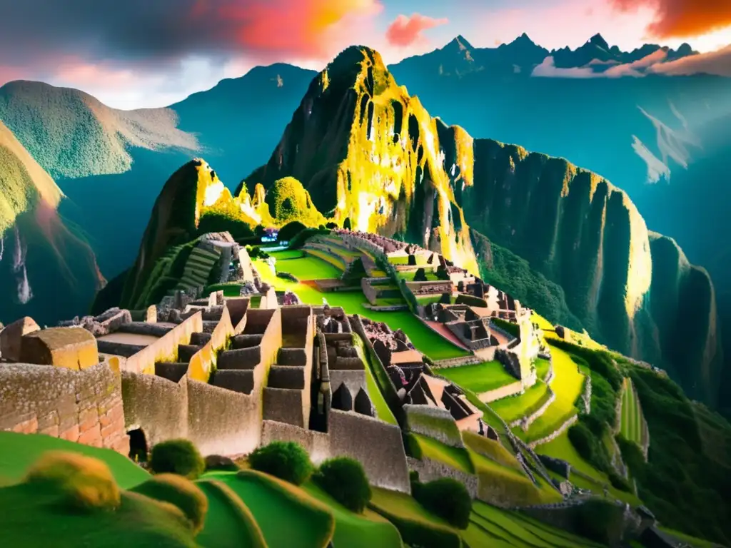 Senderismo en lugares sagrados indígenas: Majestuoso atardecer en Machu Picchu, ruinas incas rodeadas de montañas verdes y nubes