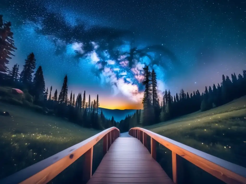 Fotografía nocturna larga exposición senderismo en bosque mágico con cielo estrellado y Vía Láctea