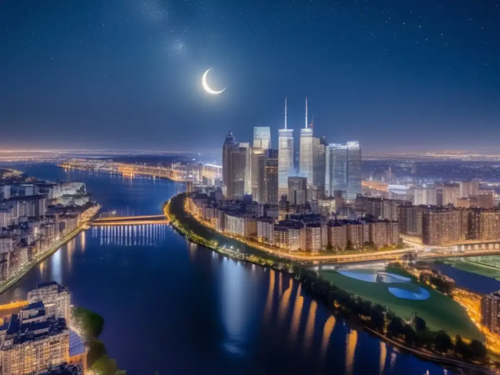 Fotografía nocturna con iluminación adecuada: Ciudad iluminada, río, edificios altos, figura solitaria en el puente