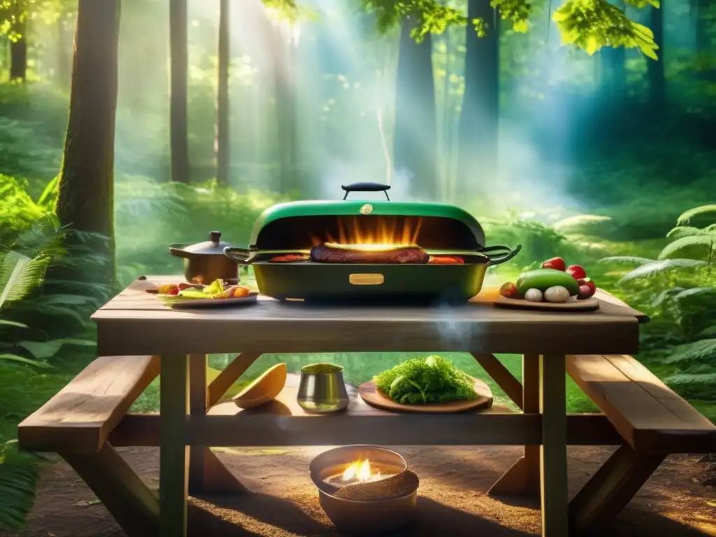 Consejos cocinar a parrilla en naturaleza: escena detallada de bosque verde con mesa rústica y hikers ansiosos