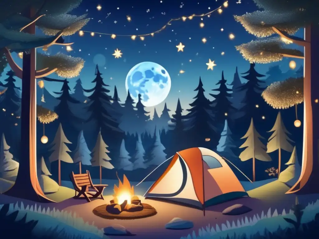 Acampada observadores cielo: bosque nocturno estrellado, tienda cálida, telescopio, protección naturaleza