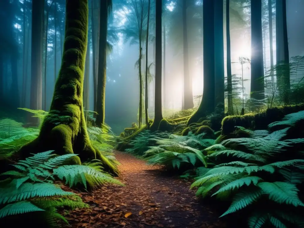 Un fascinante bosque denso al anochecer, iluminado por la suave luz de la luna filtrándose a través del frondoso dosel