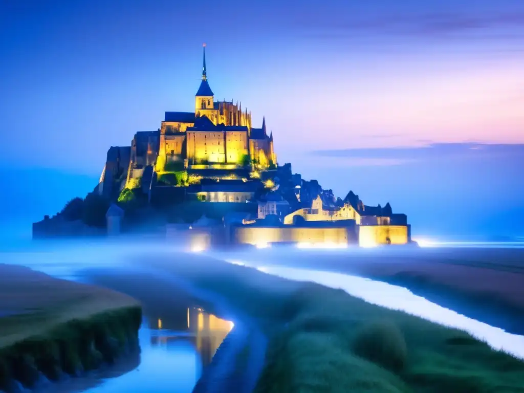 Experiencia de acampar en Mont Saint Michel: imagen mágica del atardecer en la majestuosa abadía, rodeada de una bruma etérea