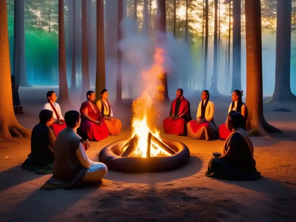 Ceremonias espirituales en el bosque: adoración al fuego, atuendos ceremoniales, herramientas rituales antiguas, magia y conexión con la naturaleza