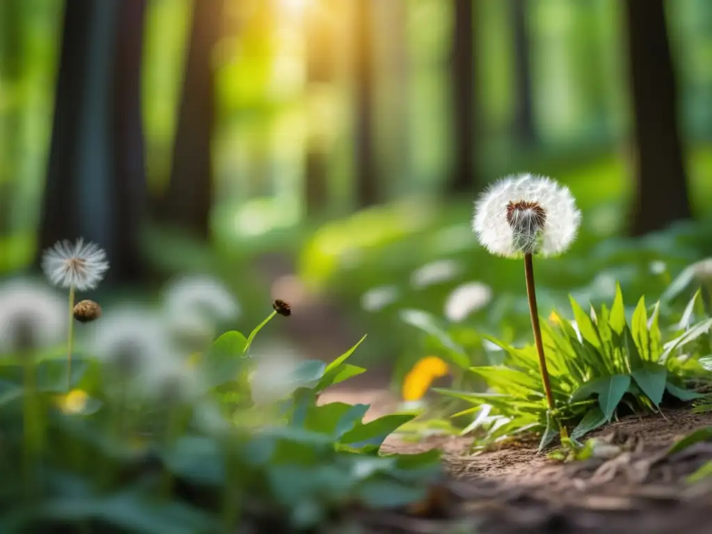 Senderismo: Sendero exuberante con plantas comestibles y una dandelion lista para volar