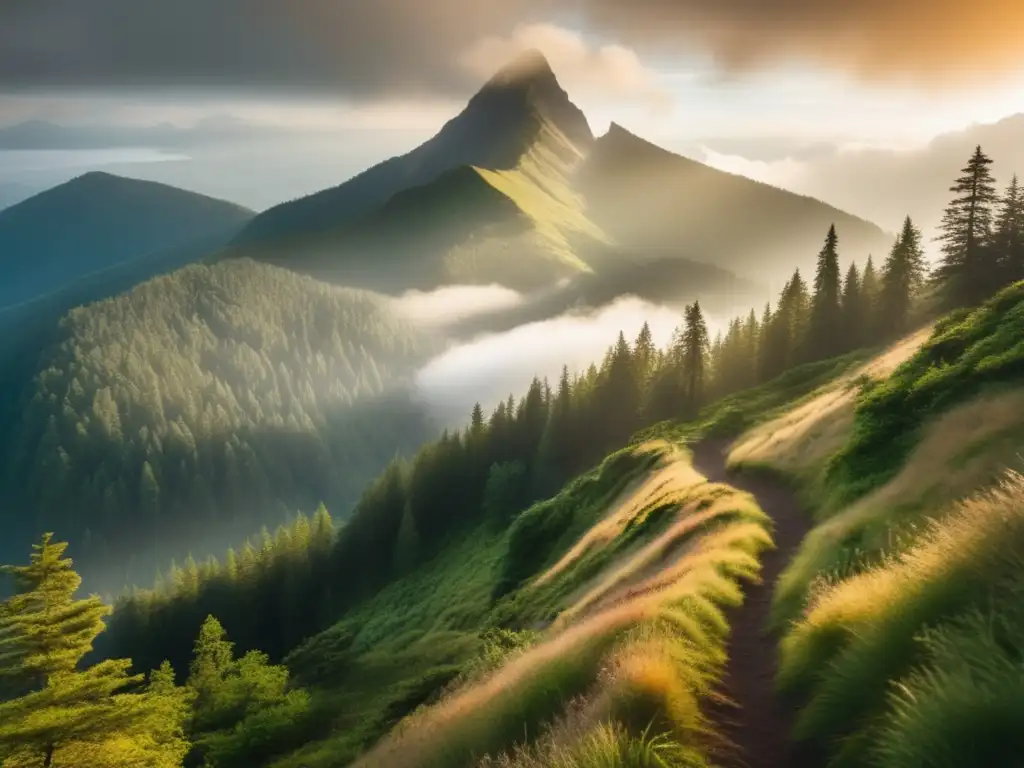 Beneficios senderismo salud mental: montaña majestuosa emerge de la niebla, sendero hacia la cima, hiker en acantilado, paisaje tranquilidad