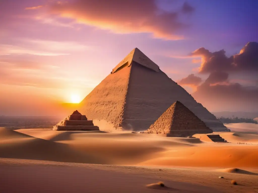 Senderismo místico en pirámides egipcias: Amanecer mágico en la Gran Pirámide de Giza, con detalles ultradetallados y paisaje desértico dorado