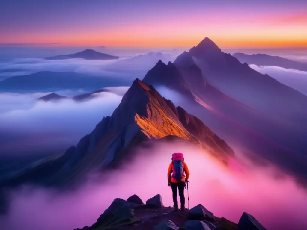 Hiker en la cima al amanecer con neblina, montañas y beneficios espirituales del senderismo y la acampada