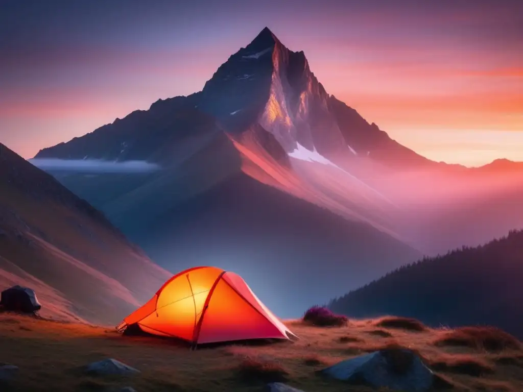 Equipo de camping para montaña: preparación - Majestuosa montaña al amanecer, envuelta en neblina, con tienda moderna y equipo de acampada