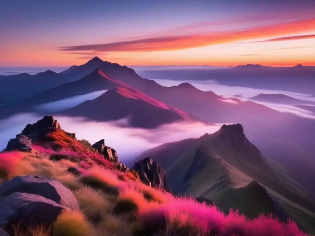 Senderistas al aire libre haciendo ejercicios de calentamiento, con vista impresionante de montañas cubiertas de niebla al amanecer