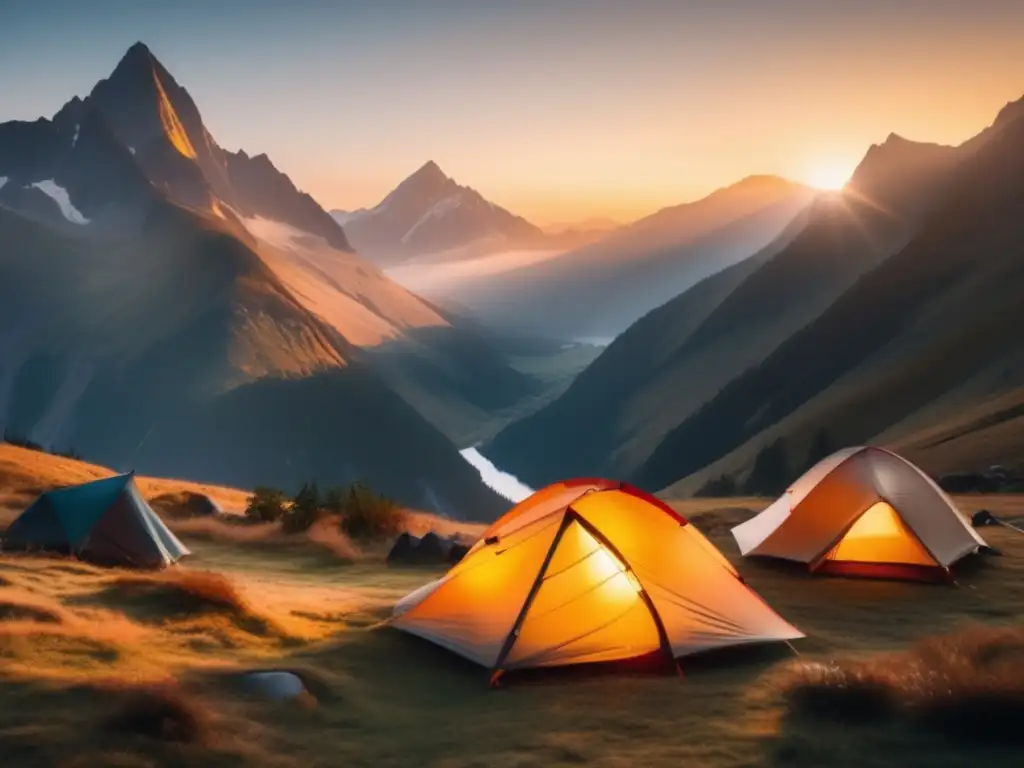 Imagen: Tienda de campaña ideal senderismo en majestuosa cordillera al amanecer