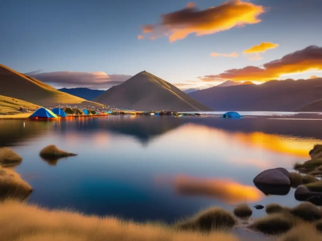 Experiencia acampada Lago Titicaca: Escena mágica con campamento, montañas majestuosas y reflejos dorados