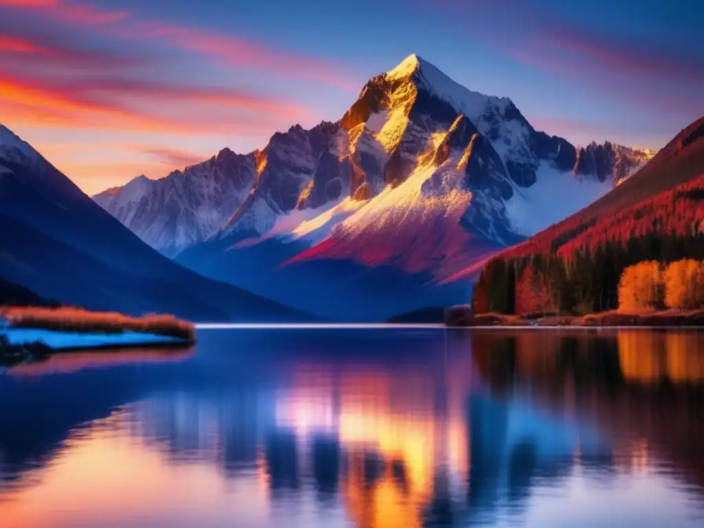 Paisaje majestuoso de montañas nevadas, cielo vibrante al atardecer