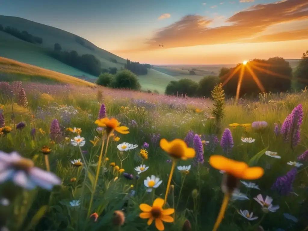 Beneficios de polinización en camping: Encantadora imagen 8k de pradera vibrante al atardecer, con flores silvestres y polinizadores