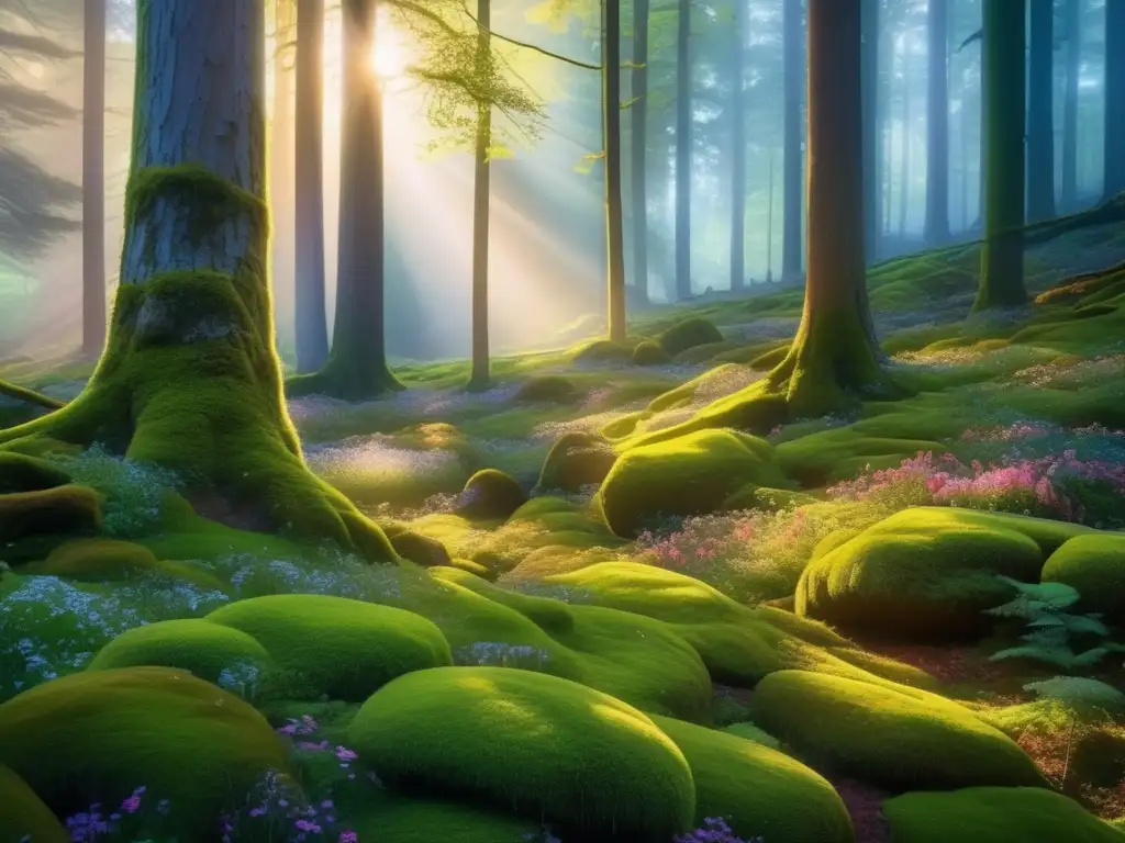 Bosque denso al atardecer con luz dorada filtrándose entre los árboles