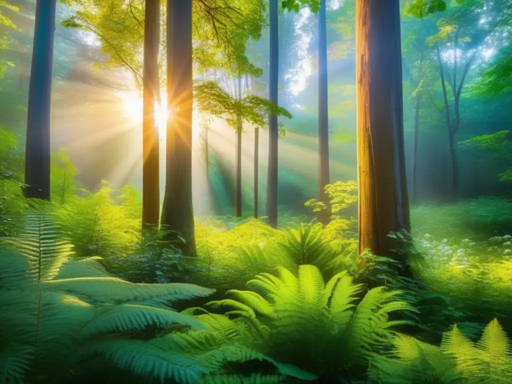 Bosque encantador bañado en luz dorada, árboles majestuosos forman un dosel