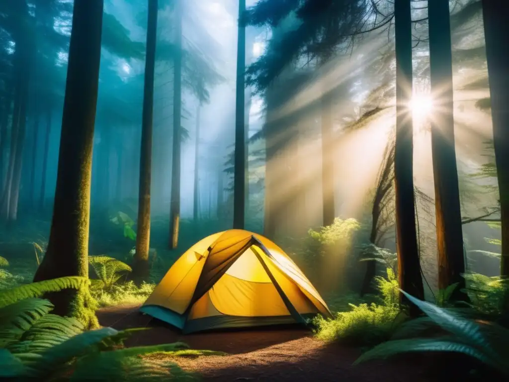 Importancia de conservación en áreas de acampada: bosque misterioso, luz suave, tienda de campaña