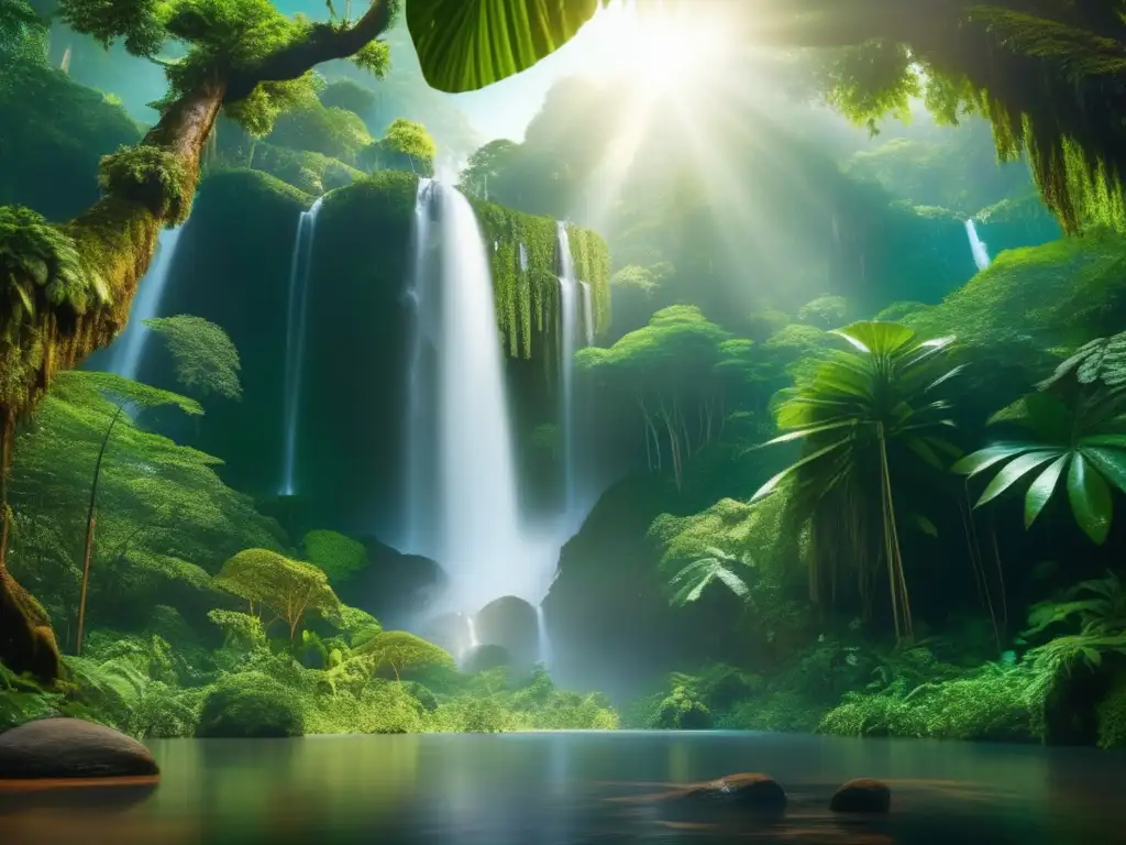 Imagen: Lush rainforest with indigenous art, mystical waterfall, and divine beings - Leyendas indígenas protección naturaleza